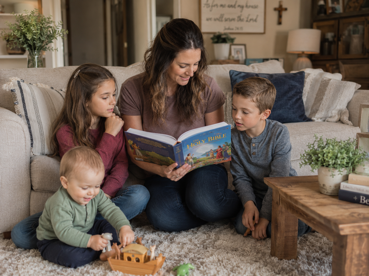 Madre leyendo la Biblia con sus hijos